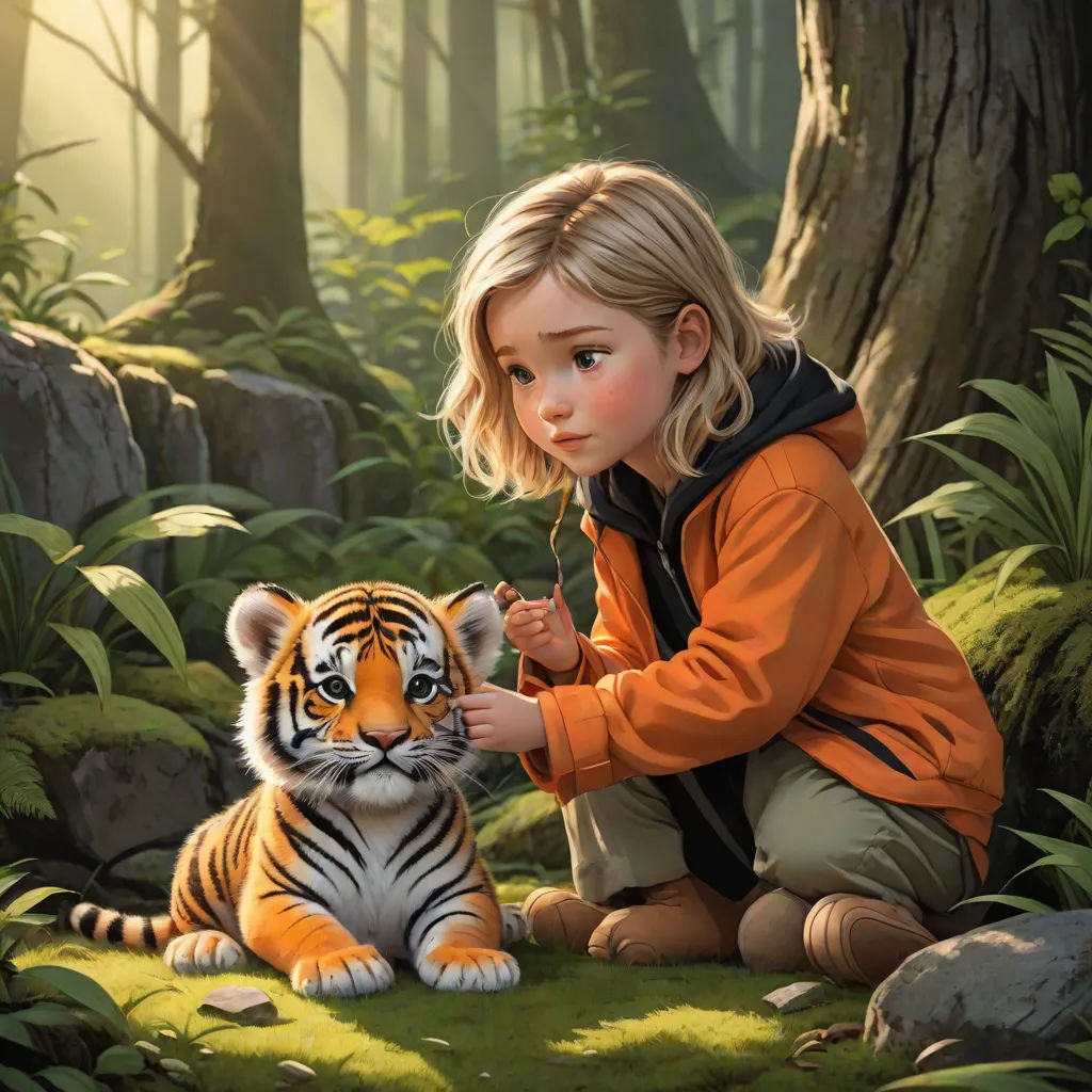 a little girl petting a tiger in the woods with a tiger cub nearby on the grass and rocks, a storybook illustration, Aaron Jasinski, furry art, official art