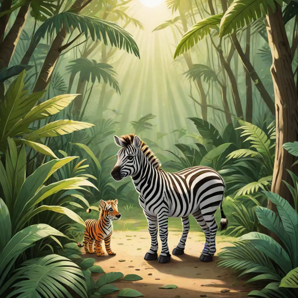 a painting of a zebra and a tiger in a jungle setting with sunlight streaming through the trees and leaves, a storybook illustration, David Martin, naturalism, storybook illustration