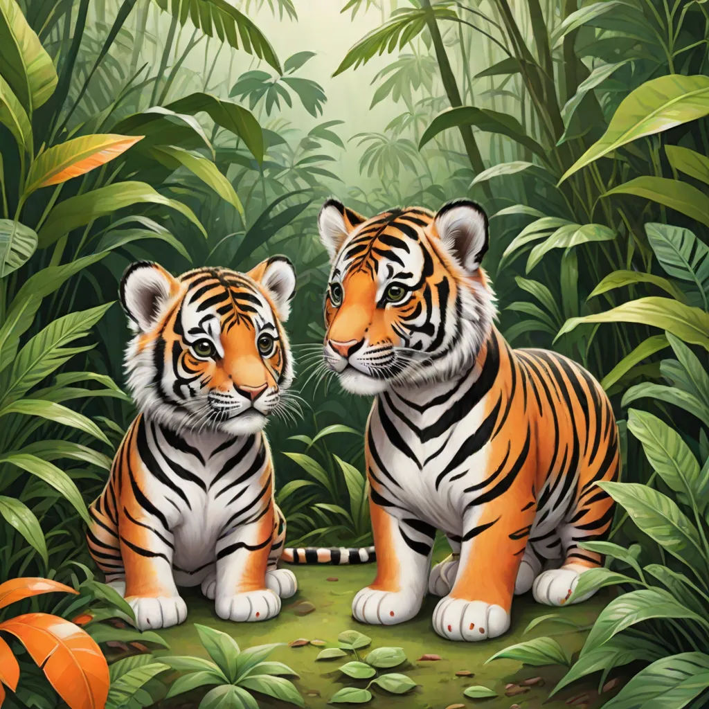 two tigers sitting in the jungle with leaves and plants around them, looking at each other, with a background of foliage, an airbrush painting, Brothers Hildebrandt, furry art, highly detailed digital painting