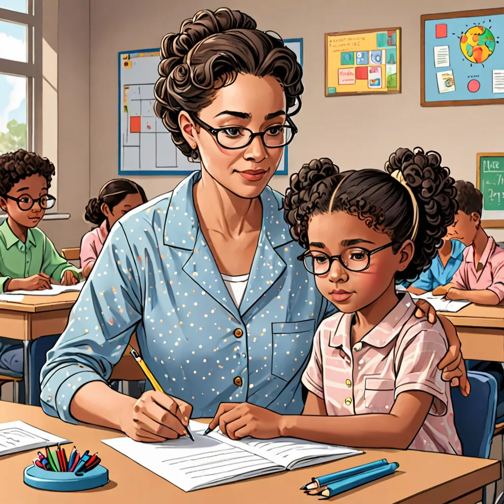 a woman and a child are sitting at a desk in a classroom with a teacher in the background and a pencil in her hand, american scene painting, a storybook illustration, Ada Gladys Killins, official art