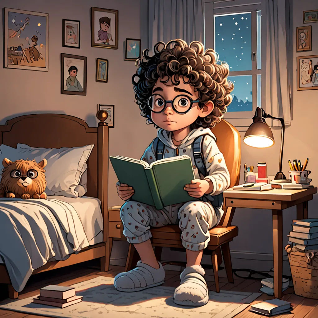 a boy sitting on a bed reading a book in a bedroom with a teddy bear and a desk with a lamp, fantasy art, a storybook illustration, Diego Gisbert Llorens, storybook illustration