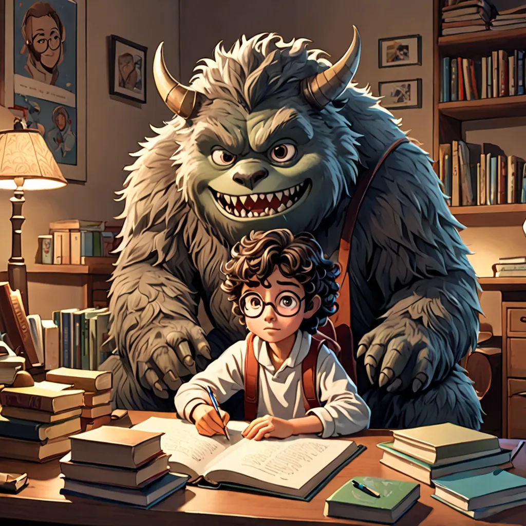 a boy sitting at a desk with a monster on his head and a book in front of him, with a book on the desk, fantasy art, a storybook illustration, Diego Gisbert Llorens, storybook illustration
