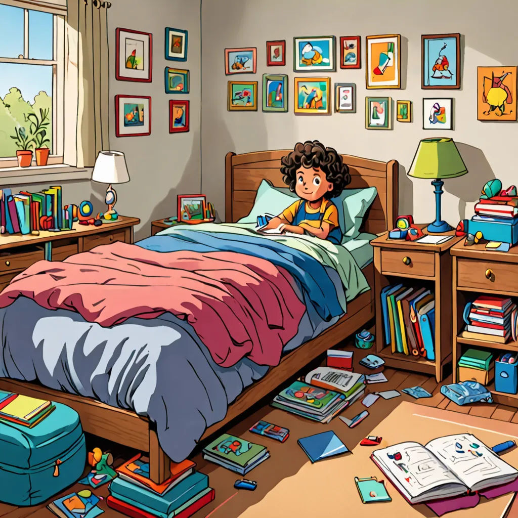 a child is sitting on a bed in a bedroom with many books on the floor and a bookcase, visual art, a storybook illustration, Diego Gisbert Llorens, storybook illustration