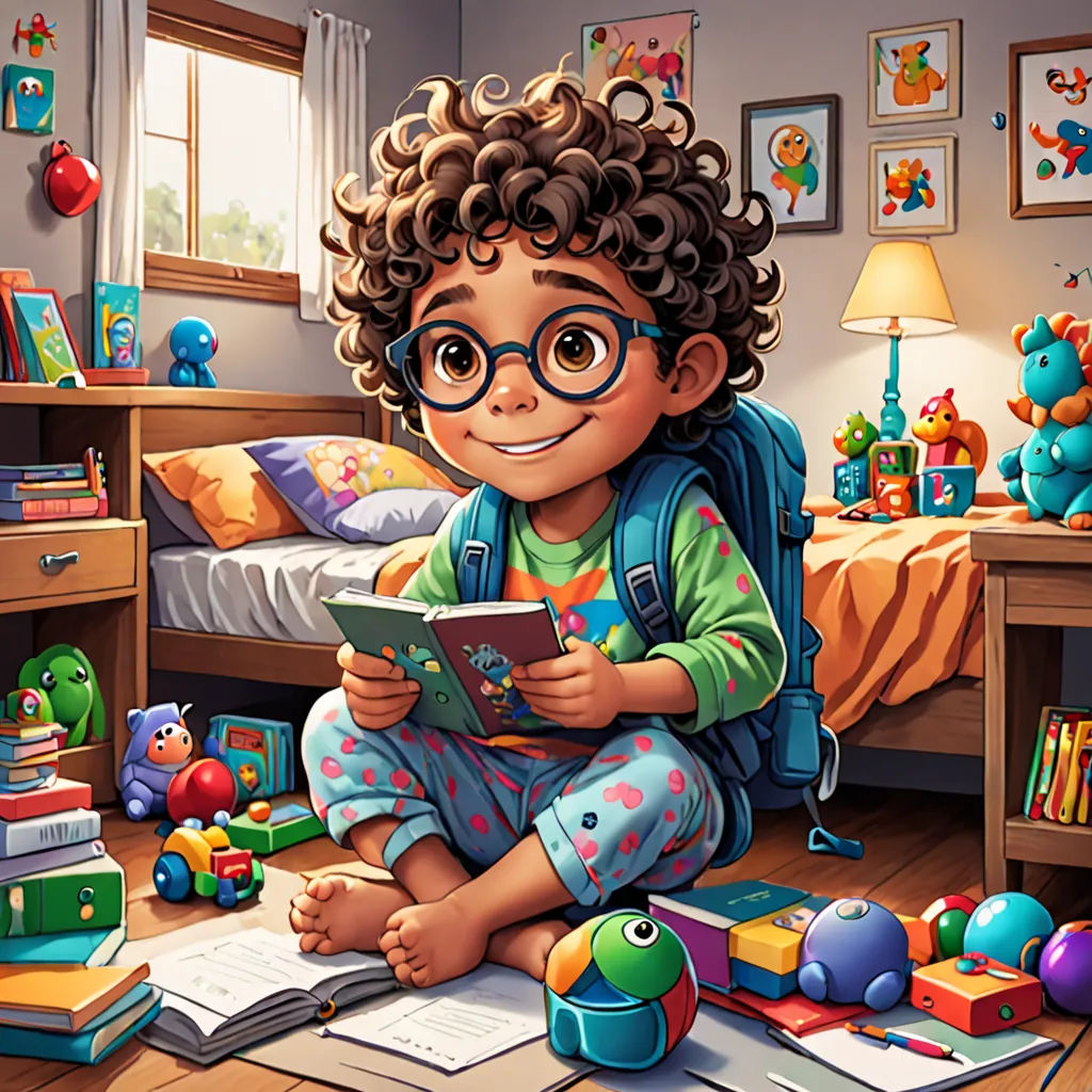 a child sitting on the floor reading a book in a bedroom with toys and bookshelves on the floor, photorealism, a storybook illustration, Chris LaBrooy, storybook illustration