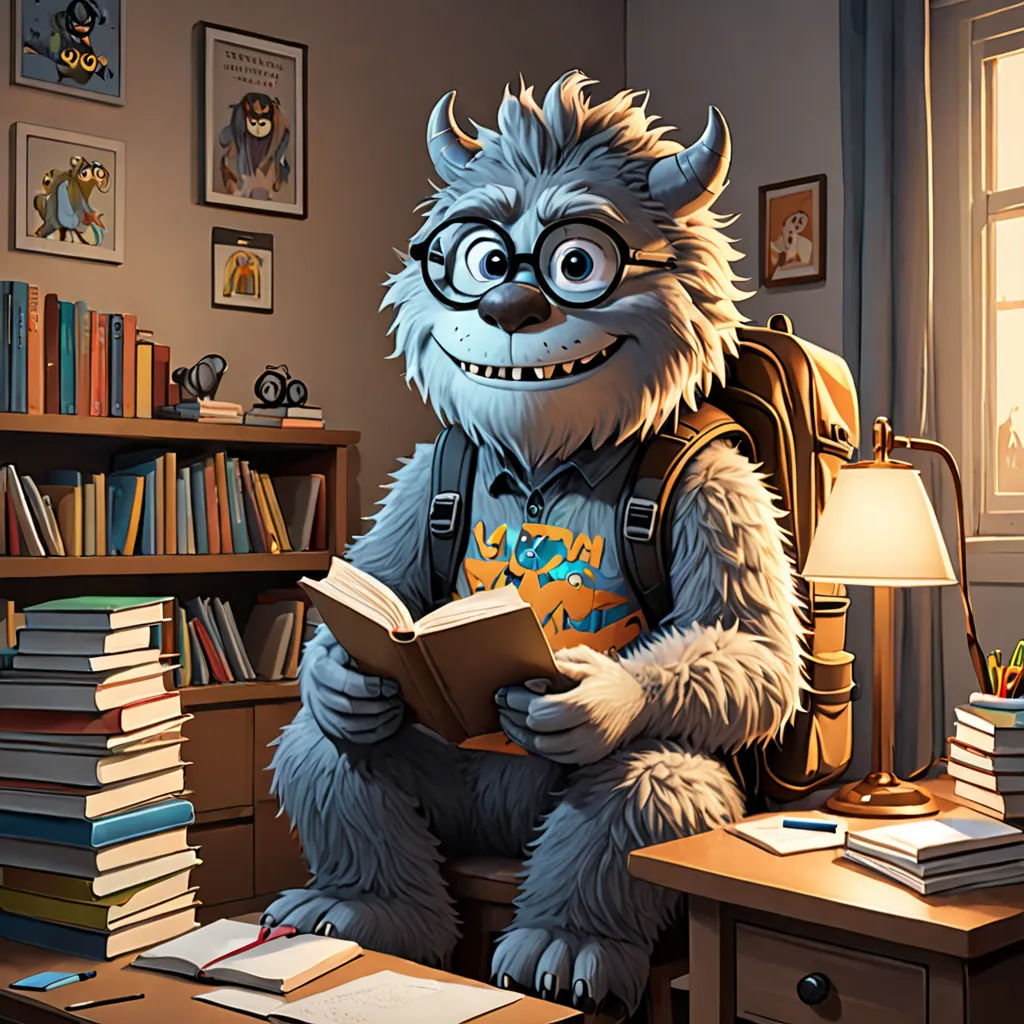a cartoon character is reading a book in a room full of books and a desk with a lamp and a book case, furry art, a character portrait, Chris LaBrooy, rossdraws global illumination