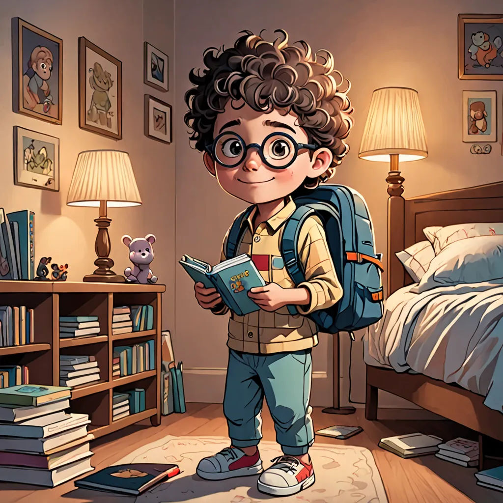a boy with glasses is reading a book in a bedroom with a bed and a bookcase with books, fantasy art, a storybook illustration, Diego Gisbert Llorens, storybook illustration