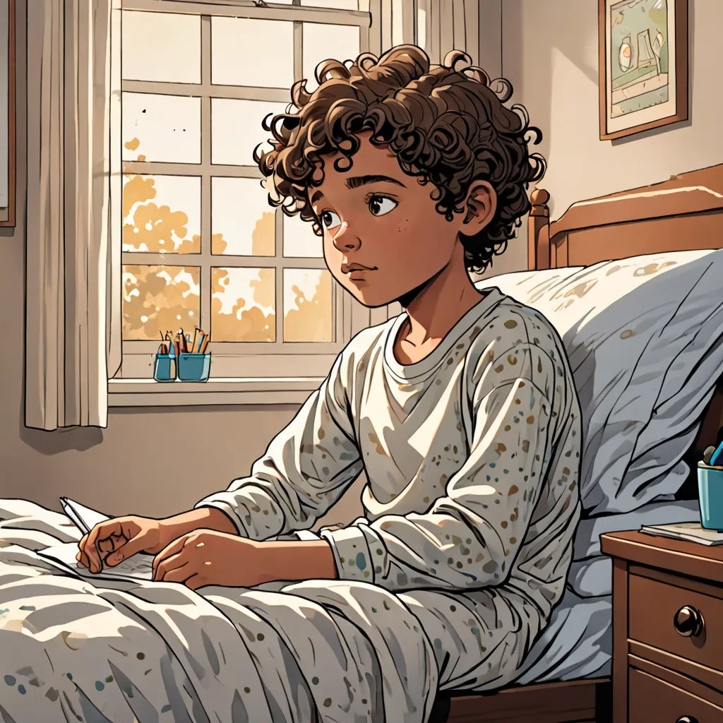 a boy in pajamas sitting in a bed with a book in his hand and a cup of coffee on the side, process art, a comic book panel, Cliff Childs, graphic novel