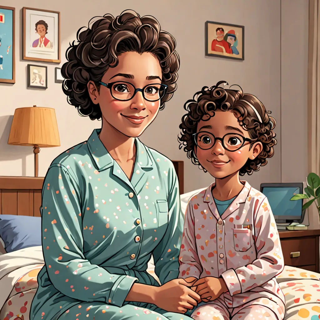 a woman and a child sitting on a bed in pajamas and glasses, in a bedroom with a painting of a woman and a child, american scene painting, a character portrait, Ada Gladys Killins, key art