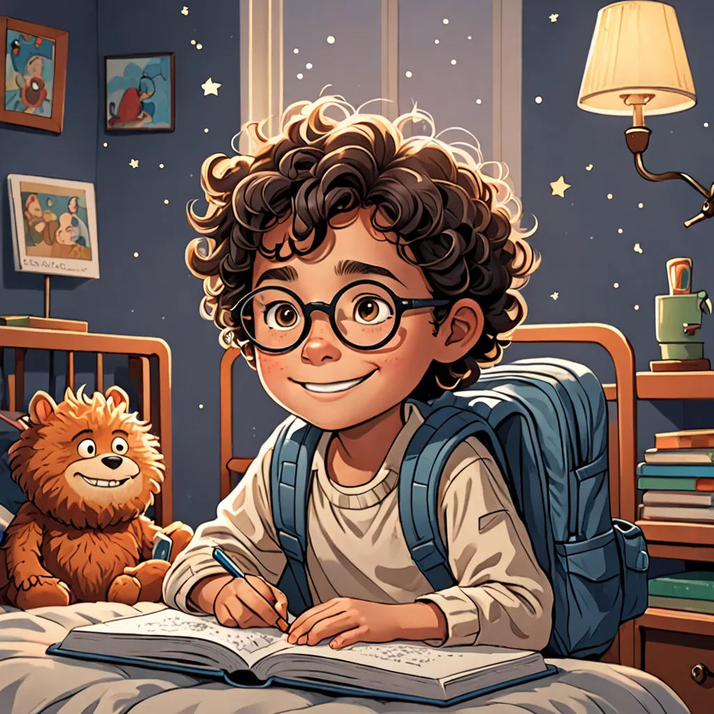 a boy with glasses and a backpack is writing in a book in a bed room with a teddy bear, space art, a storybook illustration, Diego Gisbert Llorens, storybook illustration