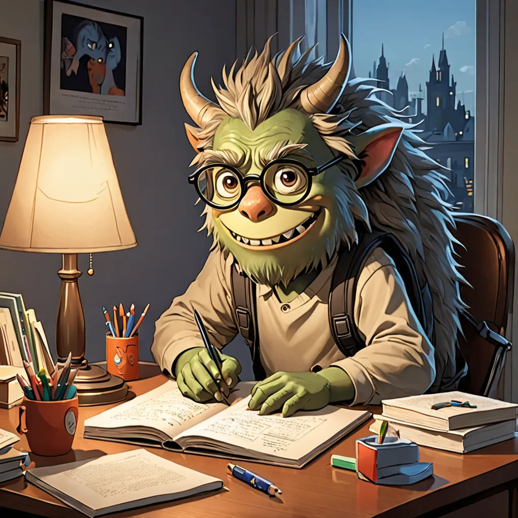 a cartoon character sitting at a desk with a book and pen in his hand and a lamp on the desk, academic art, a character portrait, Alex Horley-Orlandelli, rossdraws global illumination