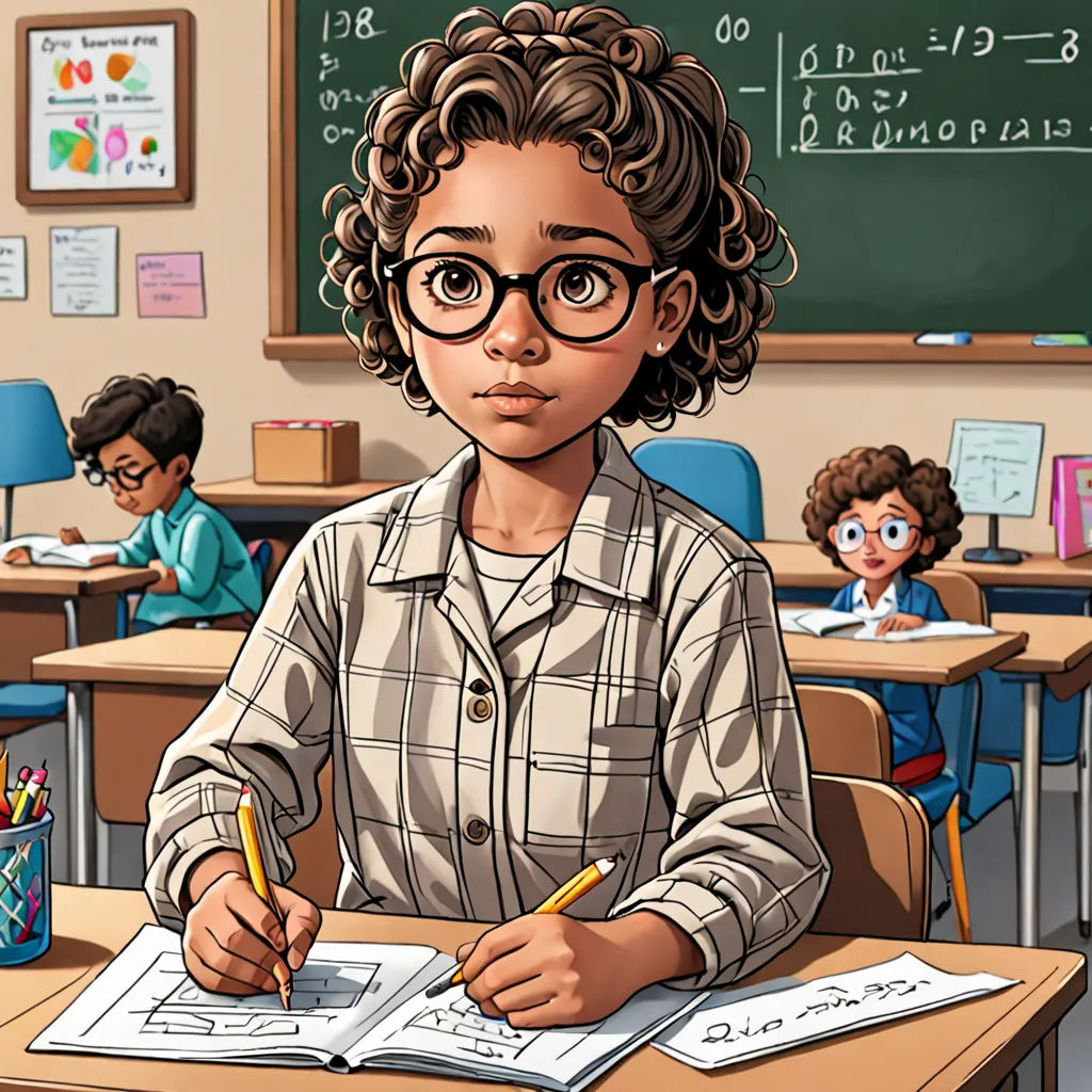 a cartoon of a boy sitting at a desk with a book and pencil in front of him and a girl in the background, american scene painting, a comic book panel, Everett Warner, comic cover art