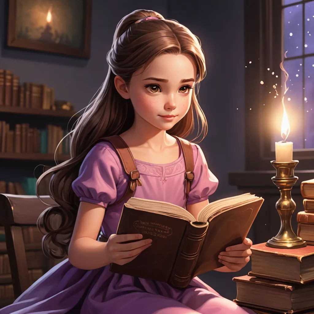 a girl sitting at a table reading a book with a candle in the background and books on the table, fantasy art, a storybook illustration, Clarice Beckett, storybook illustration