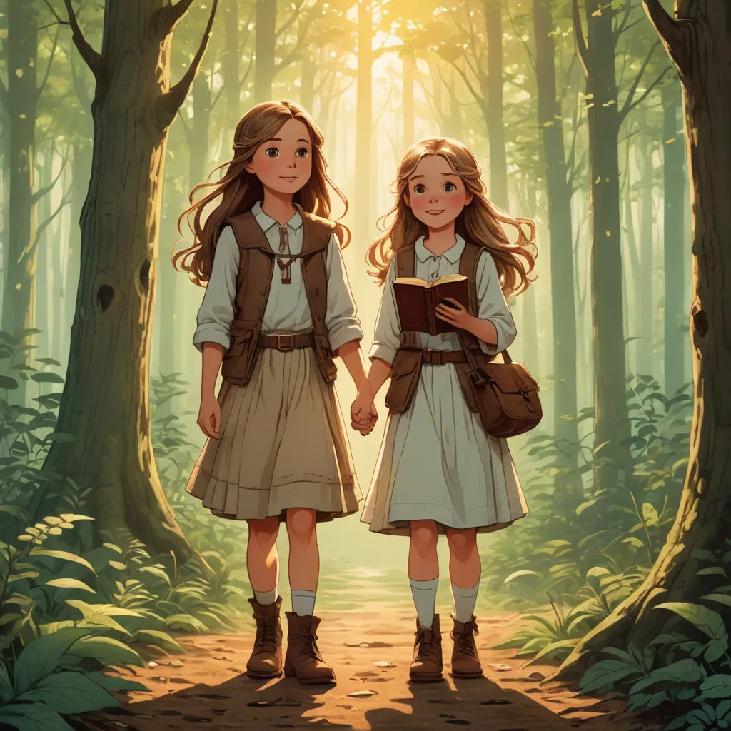 two girls are standing in the woods holding hands and looking at a book in their hands, with the sun shining through the trees behind them, fantasy art, a storybook illustration, Brothers Hildebrandt, cushart krenz