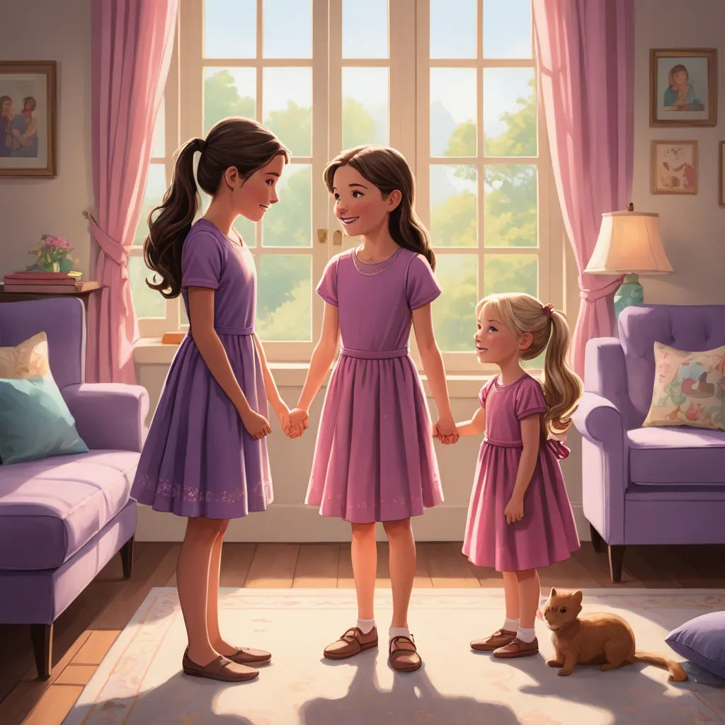 a painting of two girls holding hands with a cat in a living room with a purple couch and a cat on the floor, american scene painting, a storybook illustration, Caroline Lucy Scott, official art