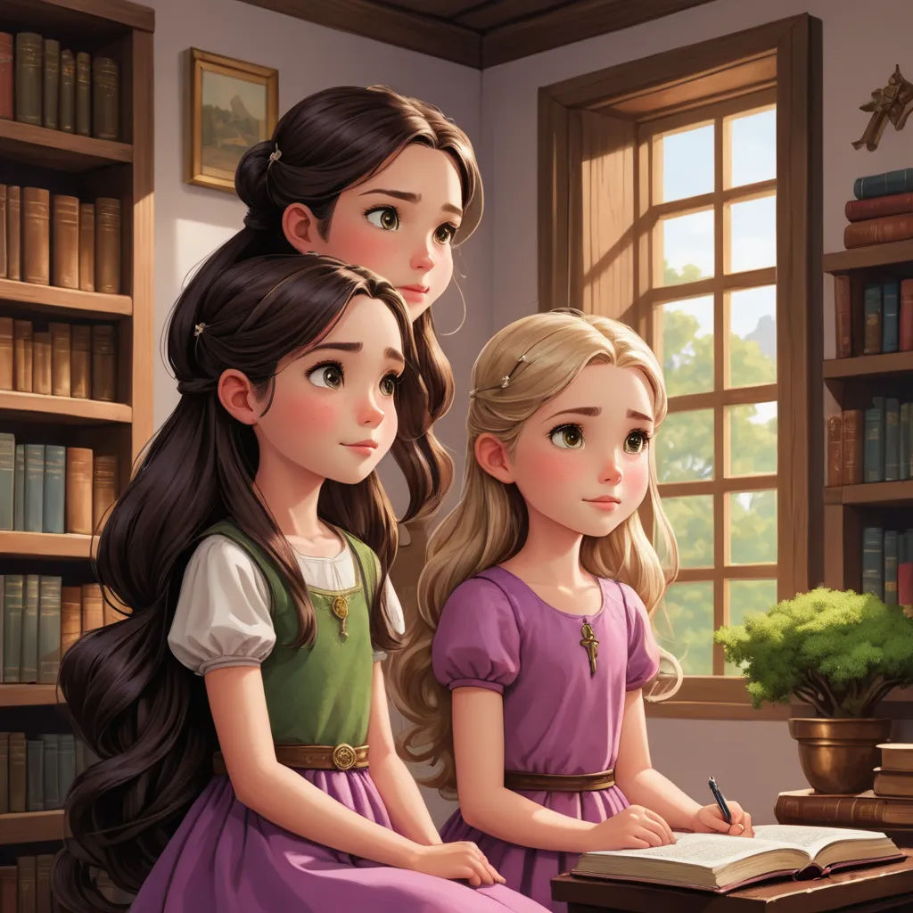 two girls sitting at a desk in front of a bookcase with books on it and a plant in the corner, fantasy art, a storybook illustration, Brothers Hildebrandt, storybook illustration