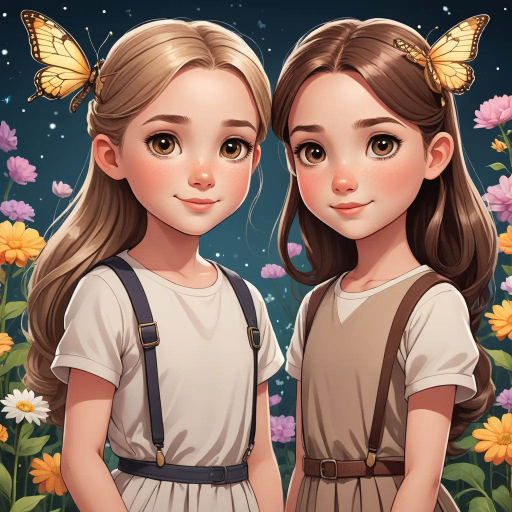 two girls standing next to each other in front of flowers and butterflies on a night sky background with stars, fantasy art, a storybook illustration, Anne Said, trending on art station