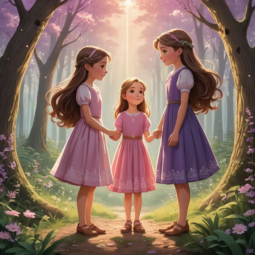 two girls in dresses holding hands in a forest with a light shining through the trees behind them and a pink dress, sots art, a storybook illustration, disney, official art