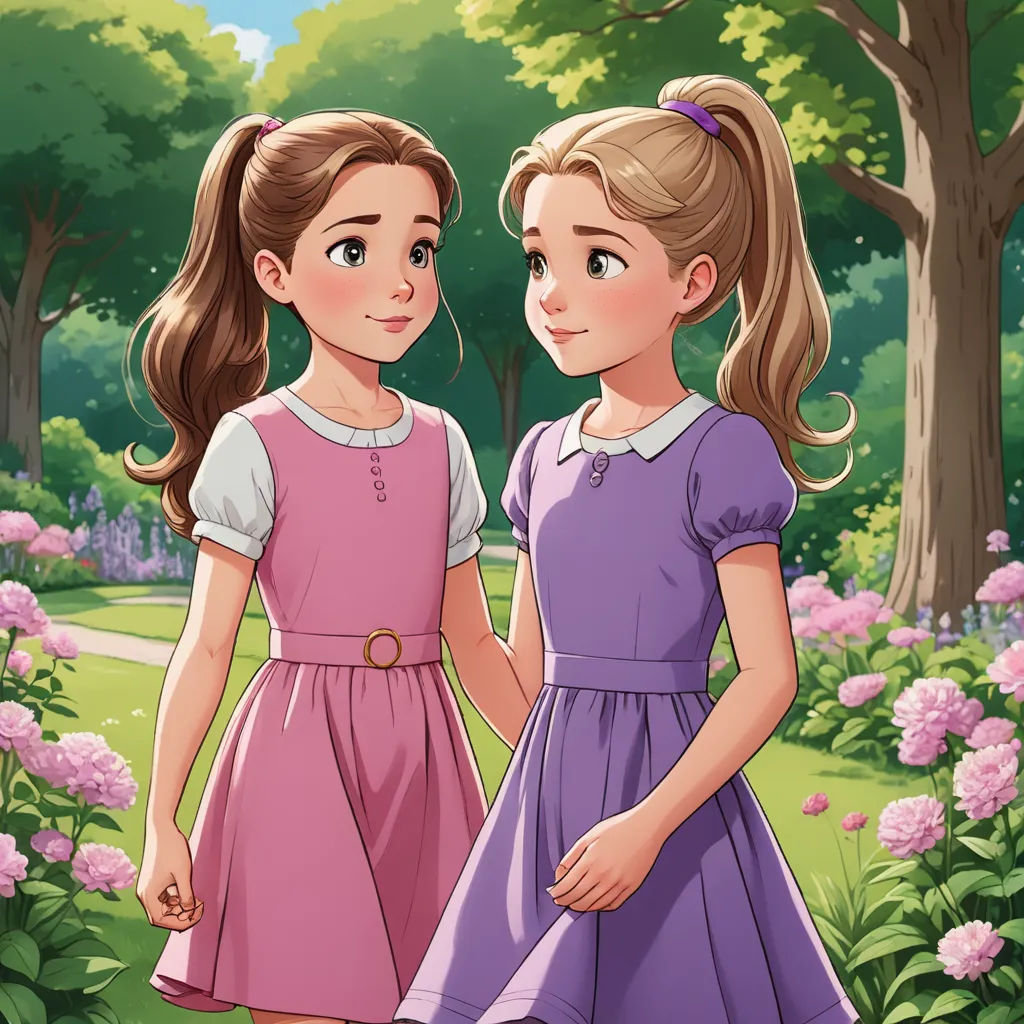 two girls in dresses standing in a park with flowers and trees in the background, one of them is holding the hand of the other, remodernism, a storybook illustration, disney, official art