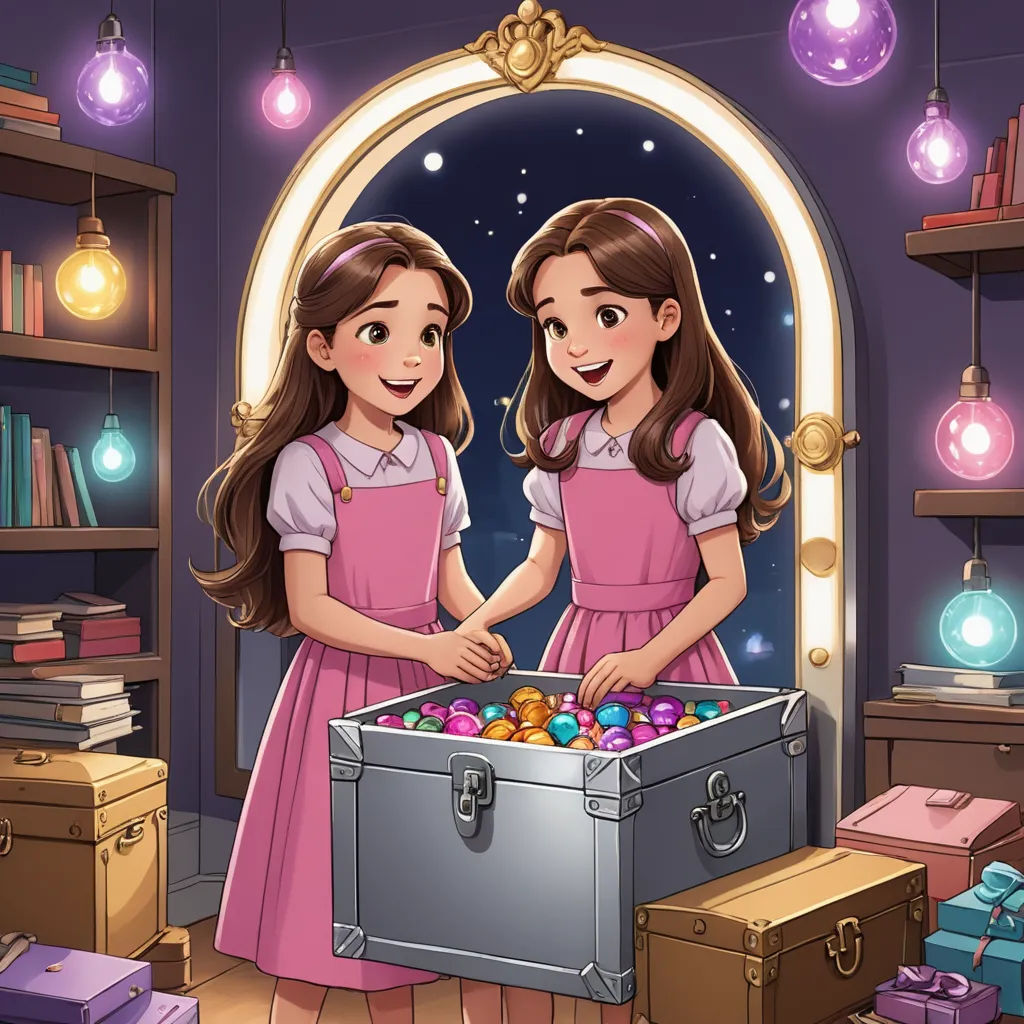 two girls in pink dresses are holding a box of candy in a room with a window and a bookcase, lyco art, a storybook illustration, Clarice Beckett, storybook illustration