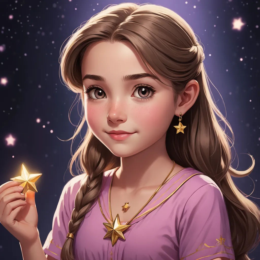 a girl holding a star in her hand and smiling at the camera with stars in the background of the picture, fantasy art, a character portrait, disney, rossdraws global illumination
