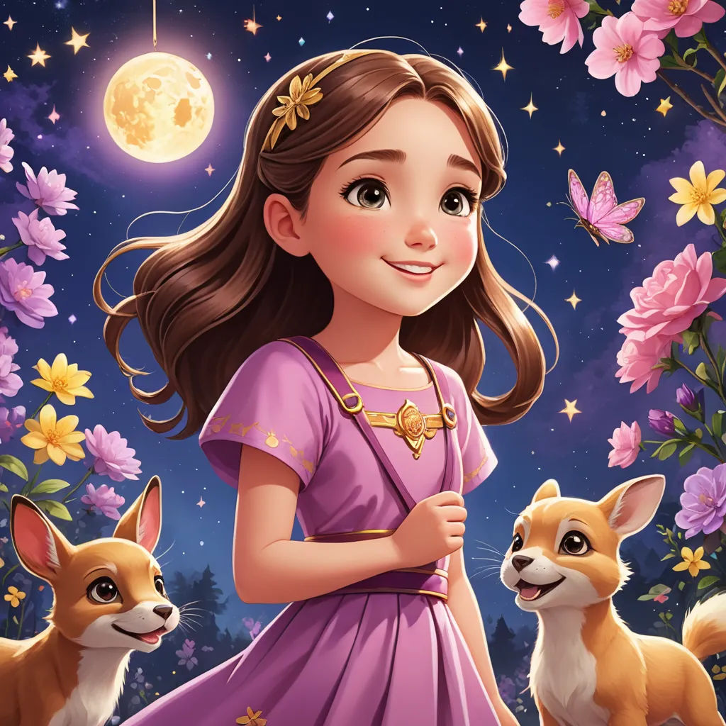 a little girl in a purple dress standing next to two little dogs in a field of flowers with a full moon in the background, fantasy art, a storybook illustration, Alice Prin, storybook illustration