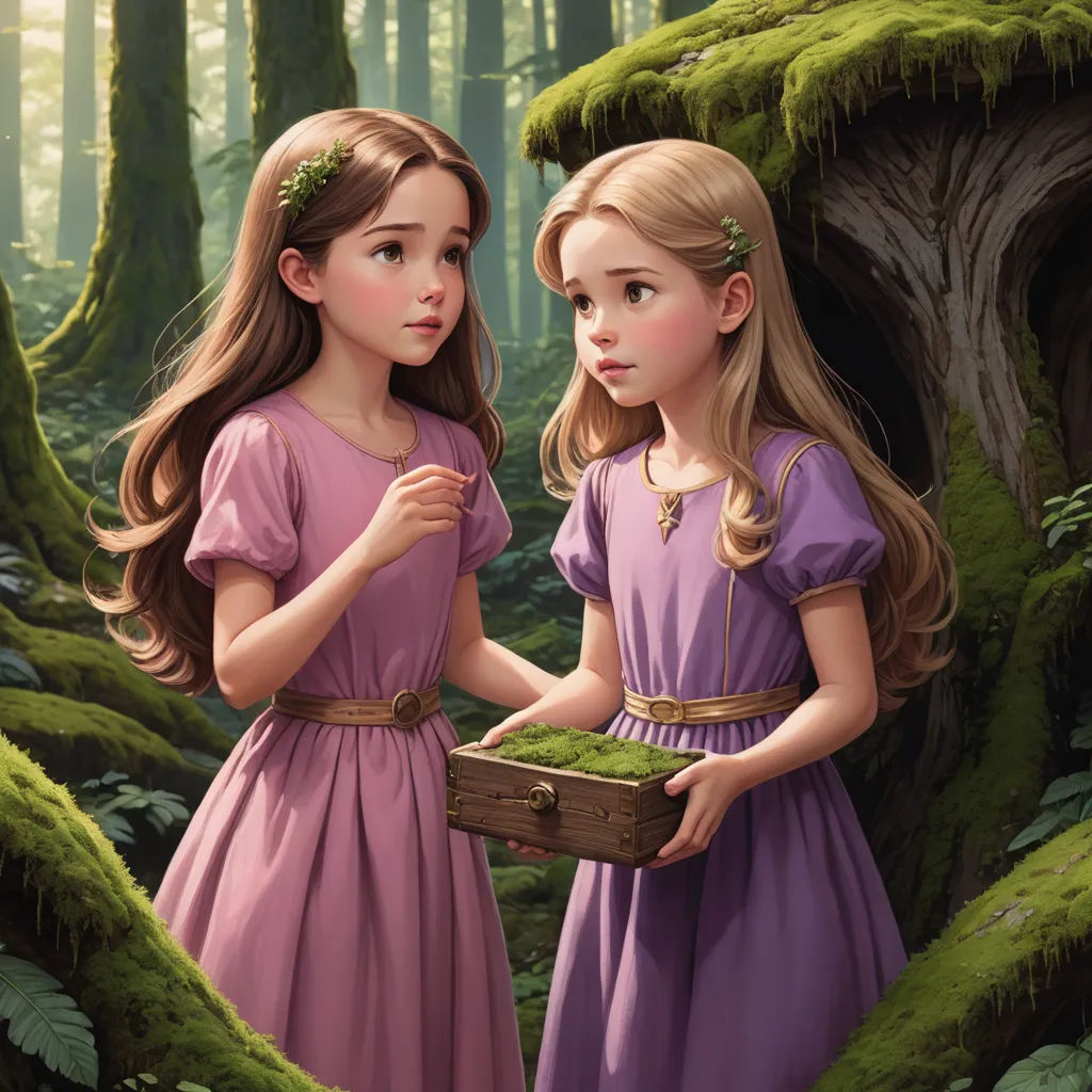 two girls in a forest with mossy trees and a trunk in the foreground, one holding a box with moss, fantasy art, a storybook illustration, Brothers Hildebrandt, storybook illustration