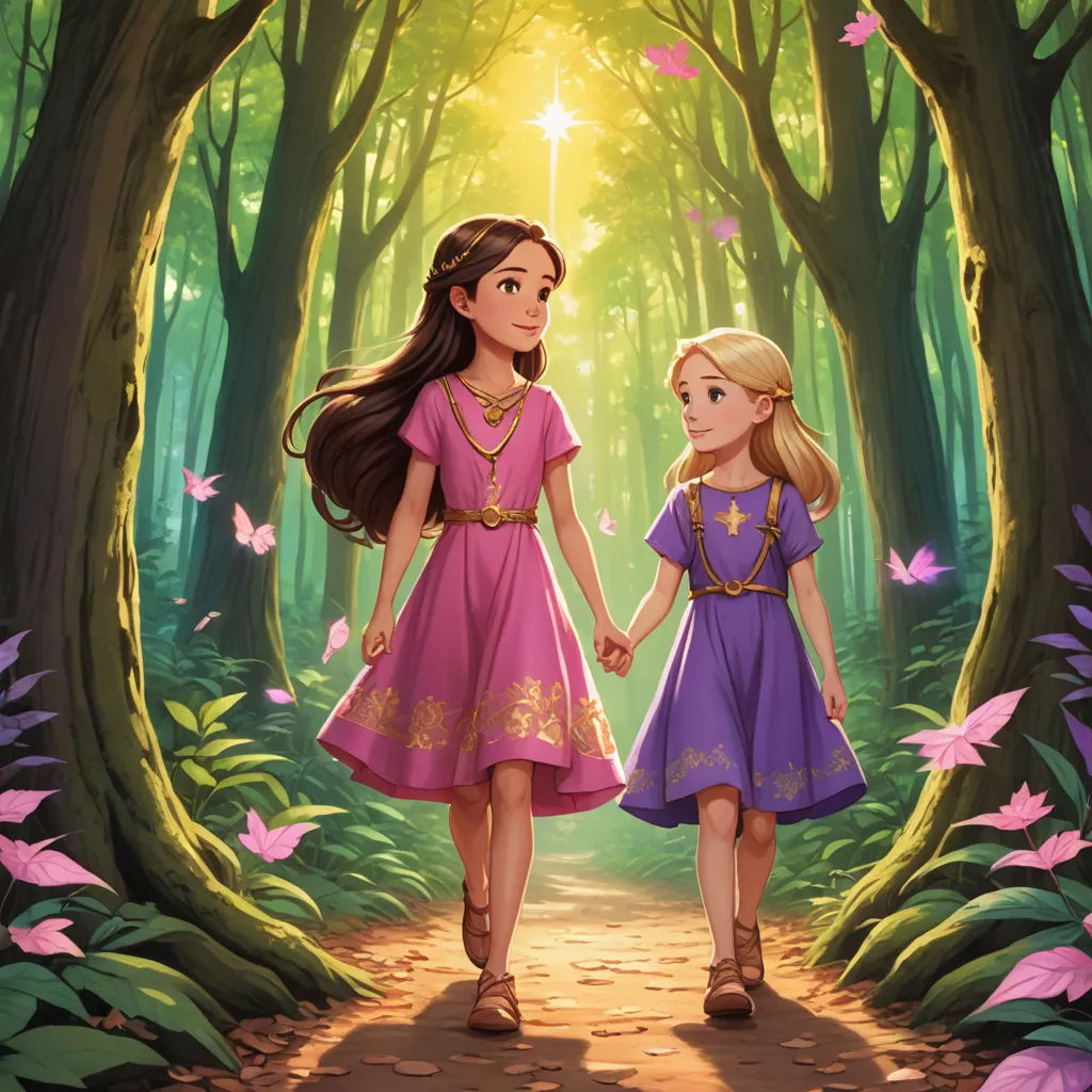 a painting of two girls walking through a forest holding hands and looking at each other with butterflies flying around, fantasy art, a storybook illustration, disney, official art