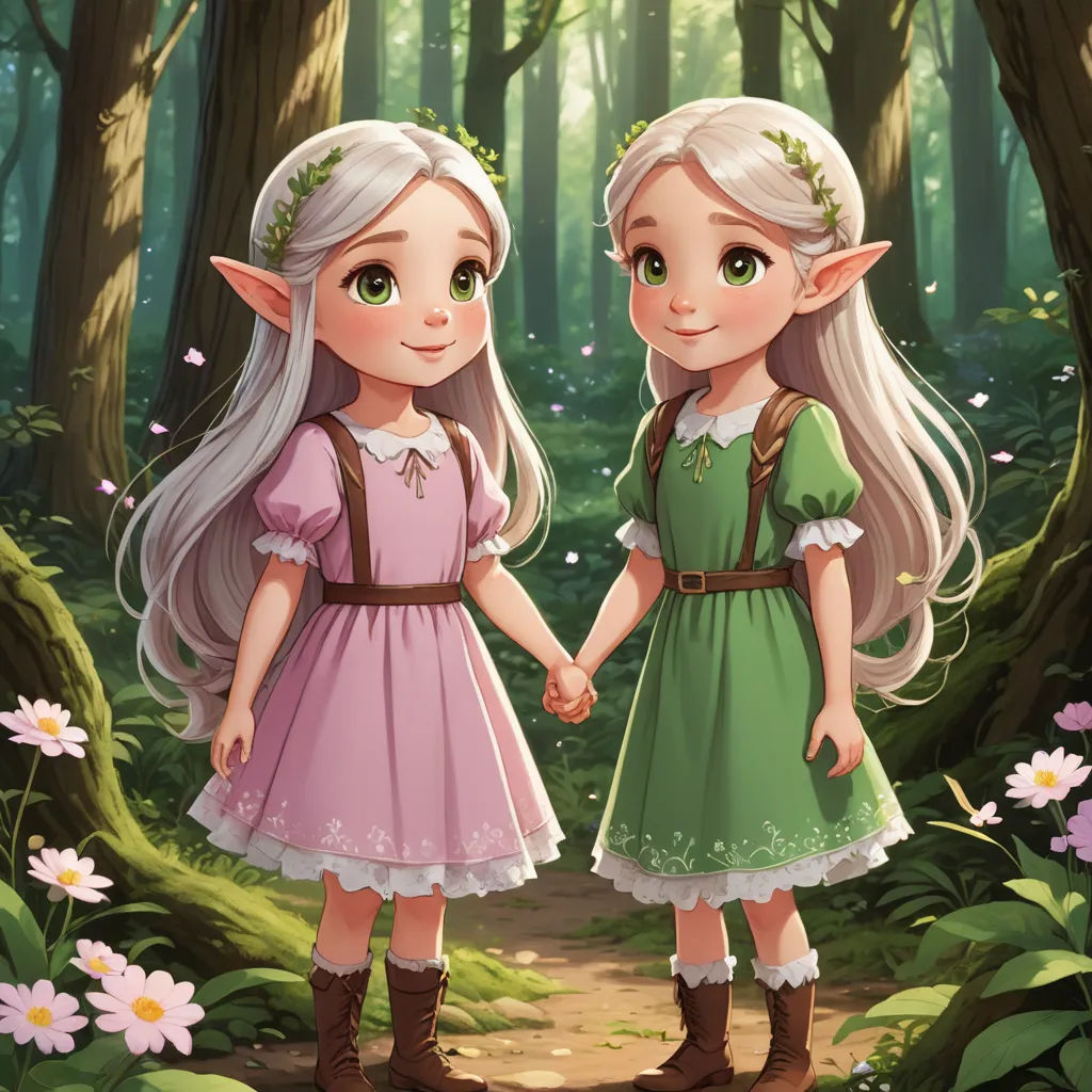 two little girls standing in the woods holding hands and smiling at each other with flowers in the background and a forest with flowers, fantasy art, a storybook illustration, Chris Rallis, official art