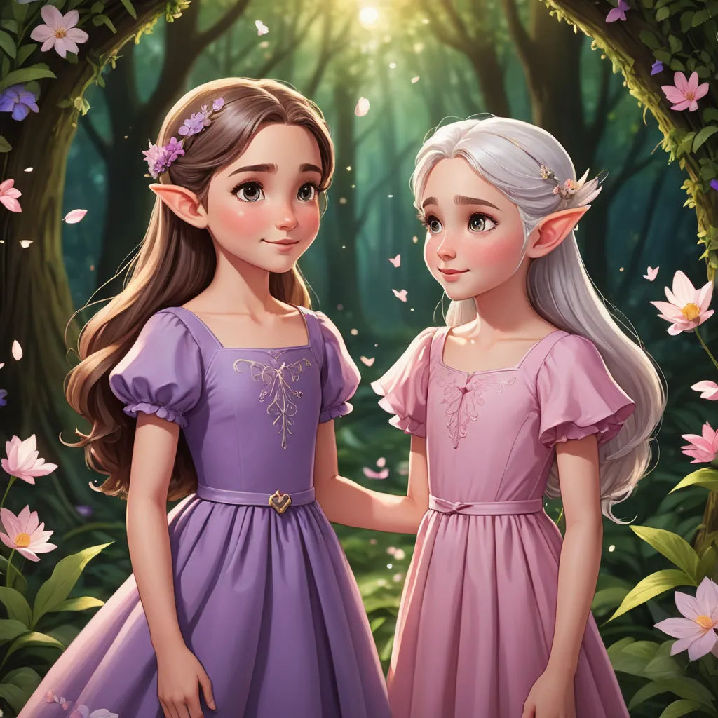 two girls in dresses standing in a forest with flowers and butterflies around them, one of them is holding the hand of the other, fantasy art, a storybook illustration, disney, official art