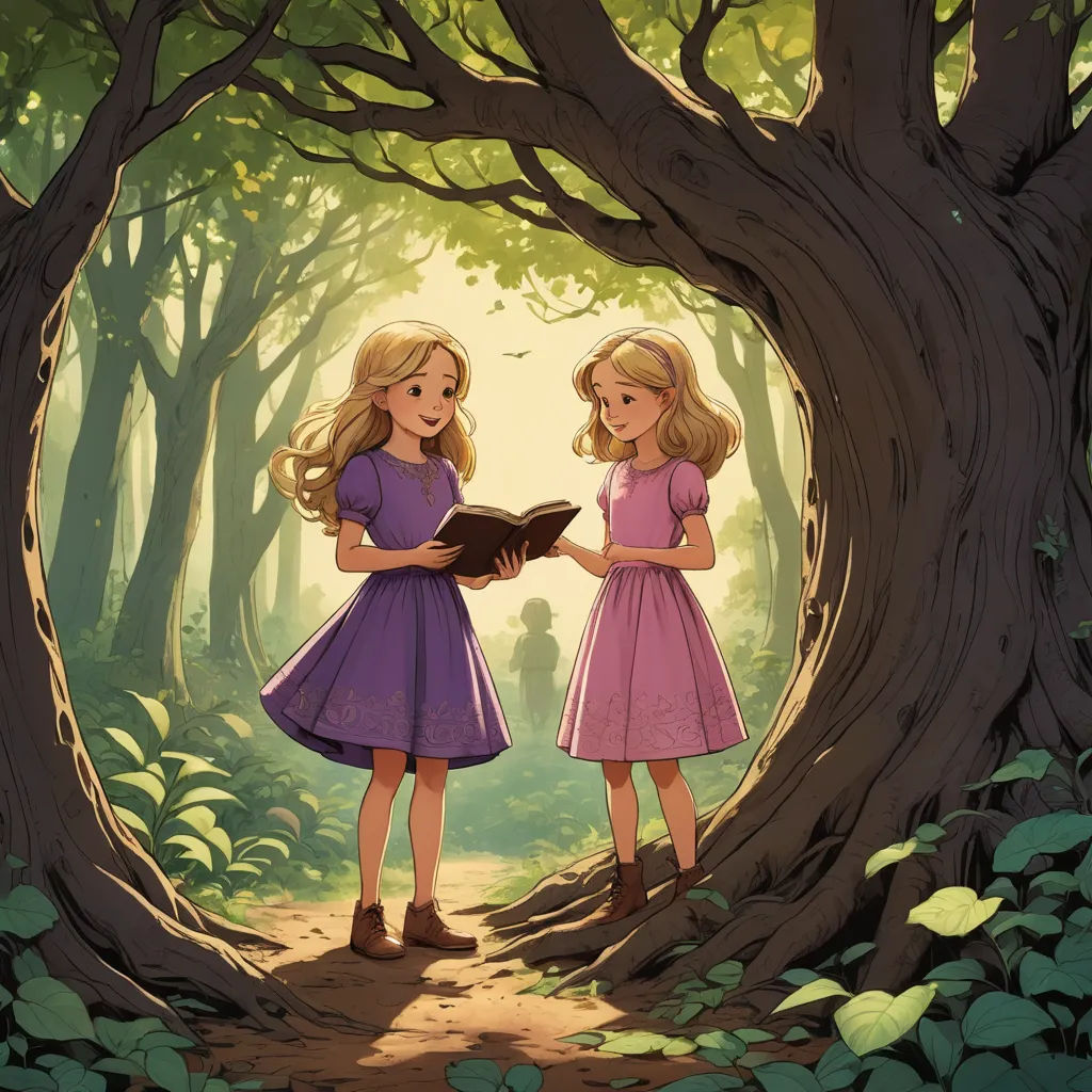 two girls standing in a forest reading a book together, with a man in the background looking at the book, fantasy art, a storybook illustration, Cyril Rolando, storybook illustration