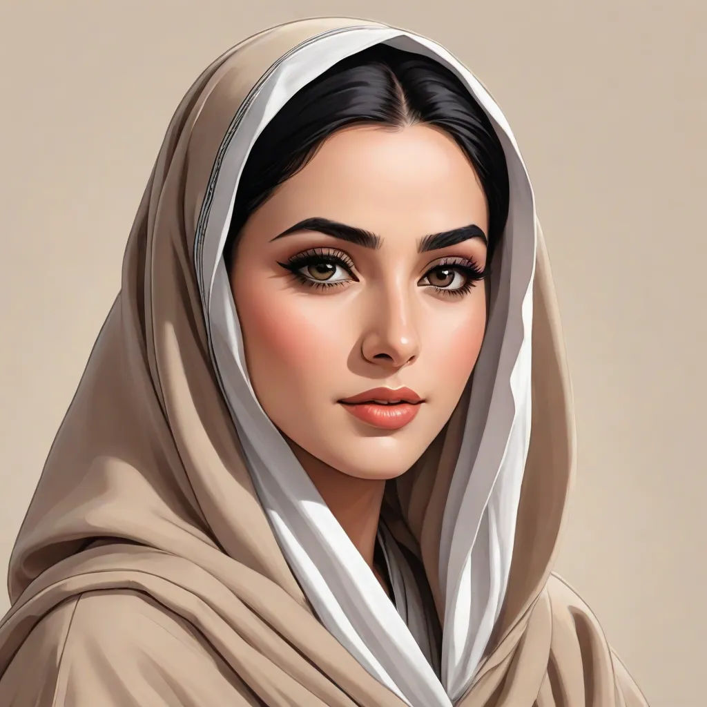 a woman with a veil on her head and a brown dress on her head and a white scarf on her head, qajar art, a detailed painting, Charlie Bowater, highly detailed digital painting