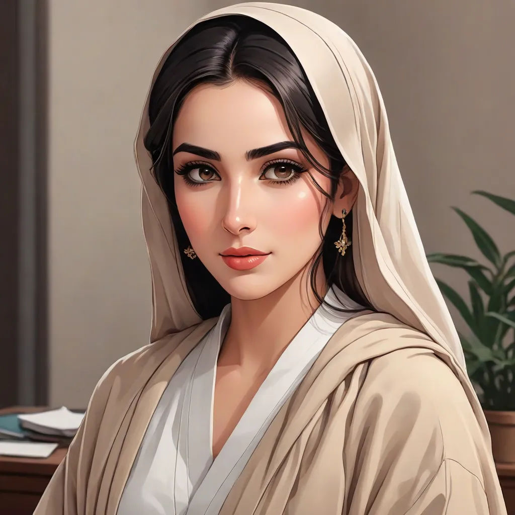 a painting of a woman in a nun outfit with a veil on her head and a plant in the background, qajar art, a detailed painting, Bouchta El Hayani, realistic shaded perfect face