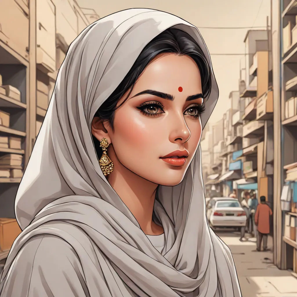 a woman in a headscarf is standing on a street corner with a city in the background and a building with a sign on it, fantasy art, a detailed painting, Charlie Bowater, beautiful detailed