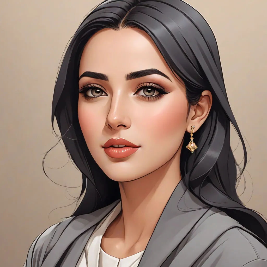 a woman with long black hair and a gray jacket is wearing a pair of earrings and a white shirt, fantasy art, a character portrait, Charlie Bowater, realistic shaded perfect face