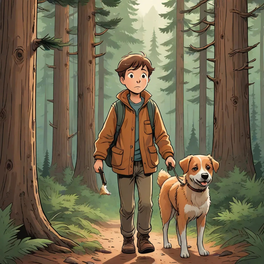 a man walking a dog in a forest with tall trees and a trail in the background with a forest path, process art, a storybook illustration, Diego Gisbert Llorens, graphic novel