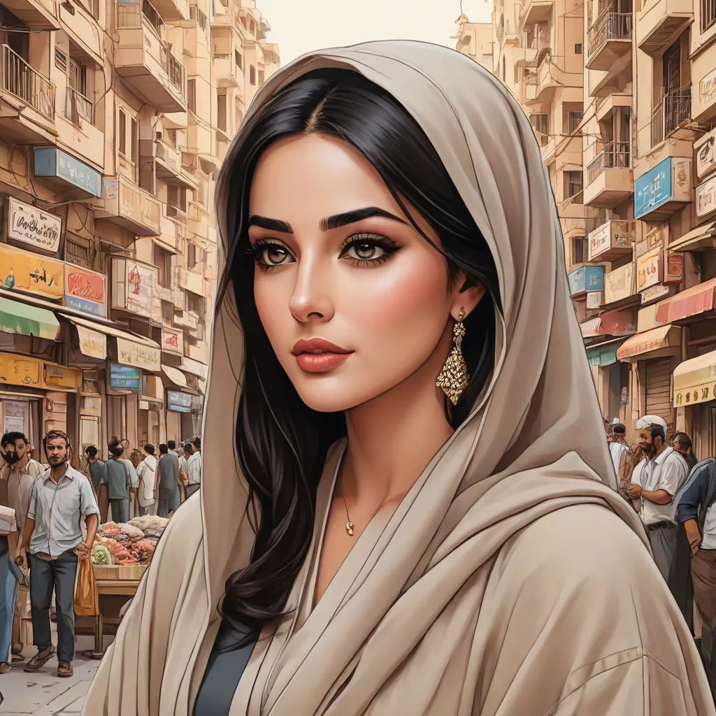 a painting of a woman in a scarf and earrings in a city street with people walking around and a man standing on the sidewalk, photorealism, a detailed painting, Charlie Bowater, highly detailed digital painting