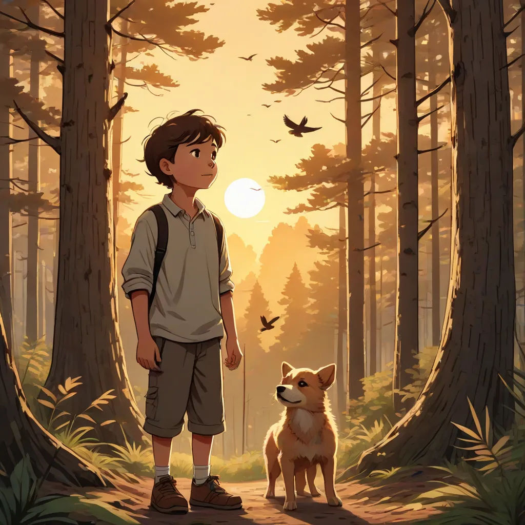 a boy and his dog stand in the woods at sunset, with a bird flying overhead in the background, environmental art, a storybook illustration, Aaron Jasinski, rossdraws global illumination