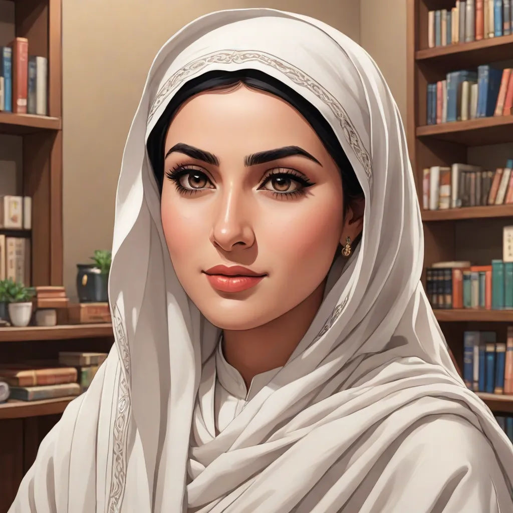 a woman in a white shawl is in a library with bookshelves and a book case behind her, qajar art, a detailed painting, Charlie Bowater, detailed painting