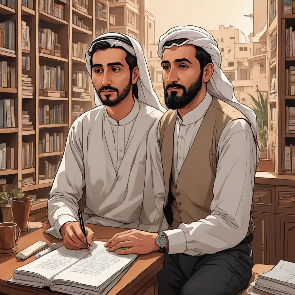 two men sitting at a desk in a library with books on the shelves and a pen in their hand, academic art, a comic book panel, Art & Language, official art