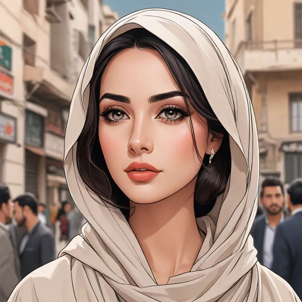 a woman with a headscarf on a city street with people in the background and a man in a suit and tie, qajar art, egyptian art, Bouchta El Hayani, beautiful detailed