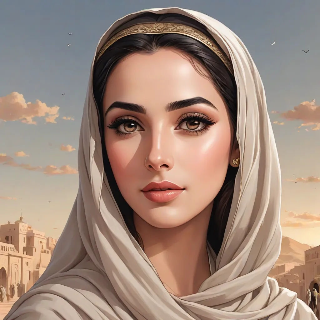 a woman with a veil on her head and a sky background with clouds and a building in the background, fantasy art, a detailed painting, Edwin Georgi, highly detailed digital painting