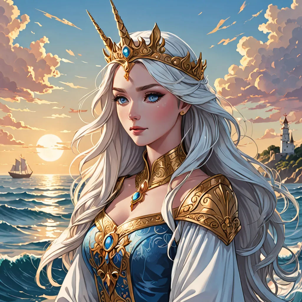 a woman in a blue dress standing in the ocean with a ship in the background and a sky with clouds, fantasy art, a detailed painting, Anne Stokes, rossdraws global illumination