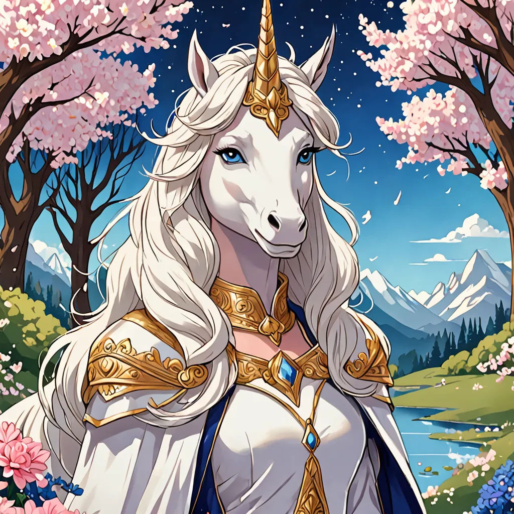 a unicorn with a golden crown and a blue dress standing in a forest with pink flowers and trees in the background, fantasy art, a character portrait, Anne Stokes, fantasy character portrait