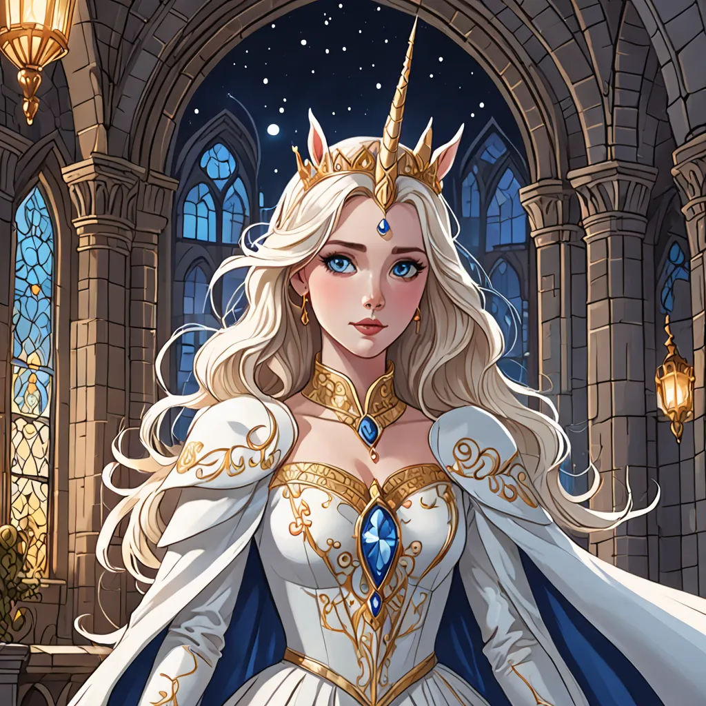 a woman dressed in a white dress and a gold crown with a blue cape on her head and a white dress with a blue cape on her head, fantasy art, a storybook illustration, Anne Stokes, rossdraws global illumination