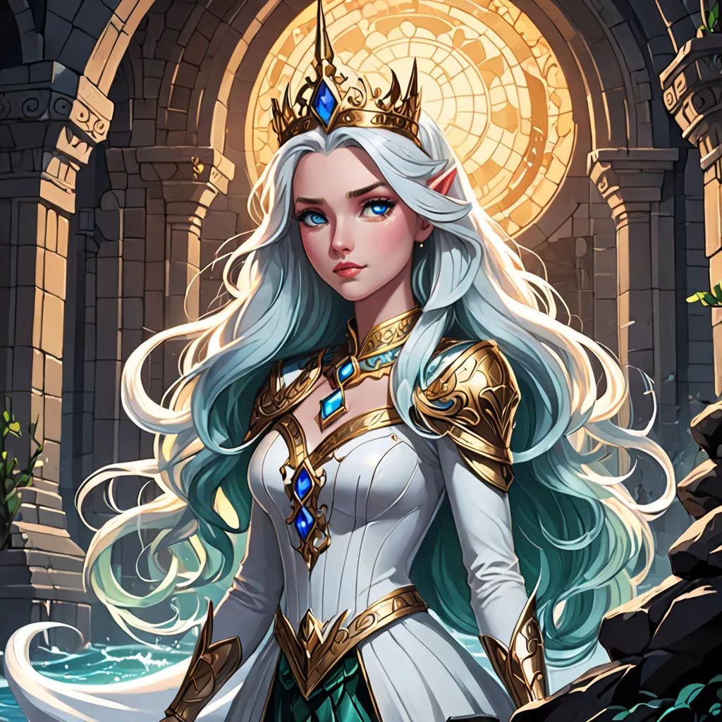 a woman in a white dress with a blue hair and a crown on her head standing in front of a castle, fantasy art, a character portrait, Anne Stokes, rossdraws global illumination