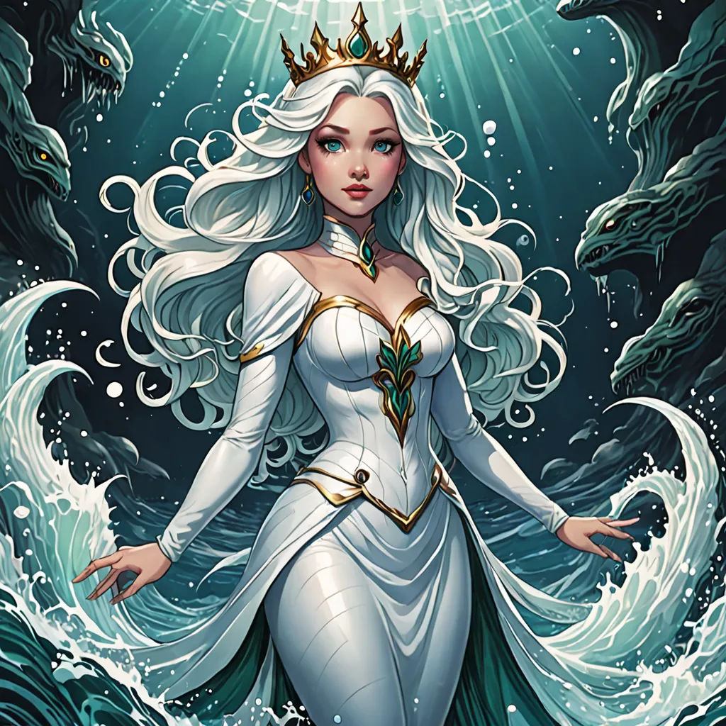 a woman in a white dress standing in the water with a dragon behind her and a crown on her head, fantasy art, a comic book panel, Charlie Bowater, rossdraws global illumination