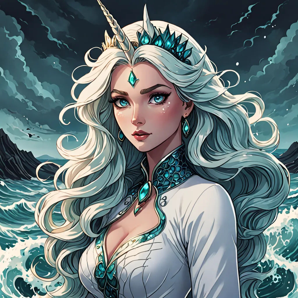 a woman with long white hair and a crown on her head standing in front of a wave with a ship in the background, fantasy art, a character portrait, Charlie Bowater, ocean