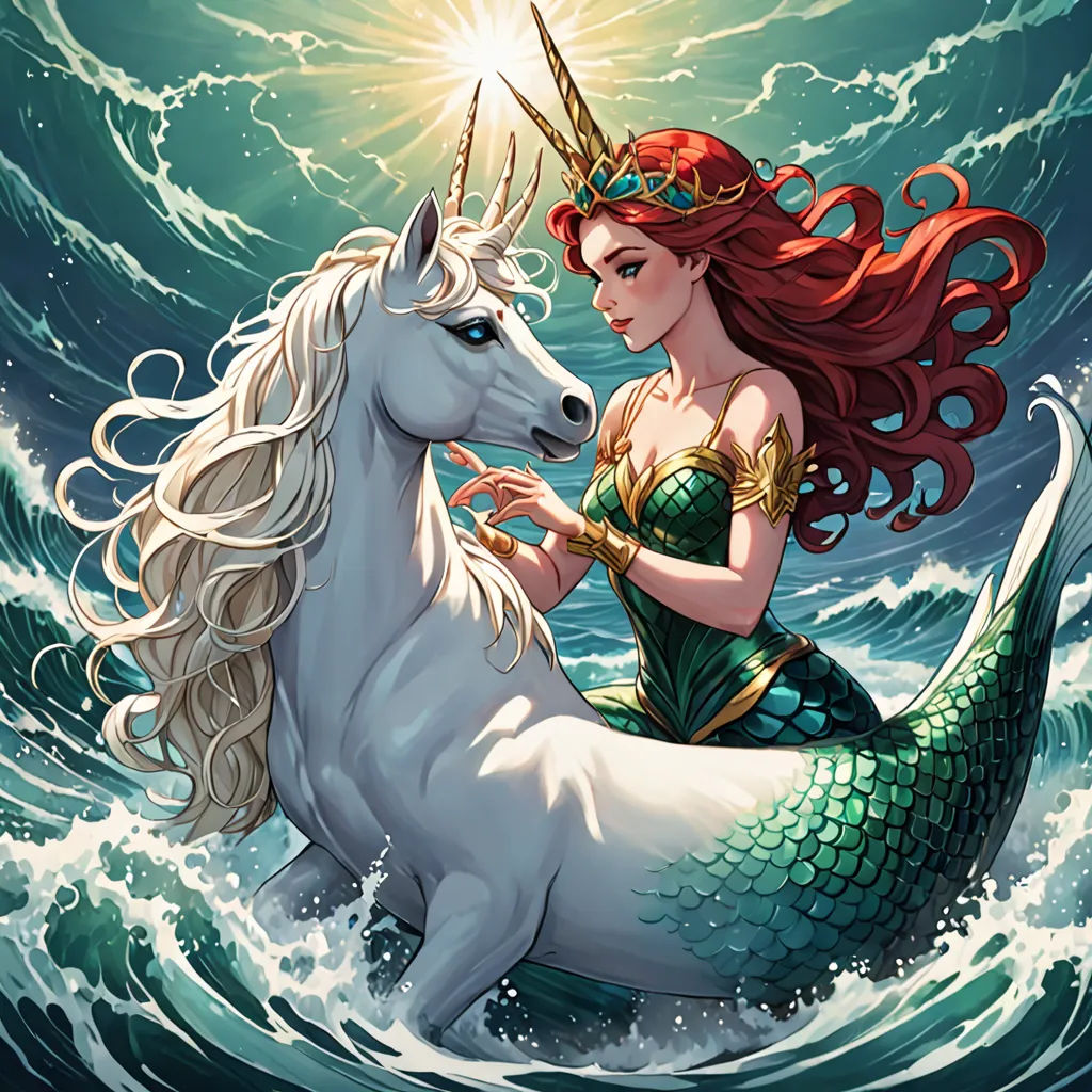 a mermaid riding a white unicorn in the ocean with a star on her head and a crown on her head, fantasy art, a storybook illustration, Anne Stokes, rossdraws global illumination