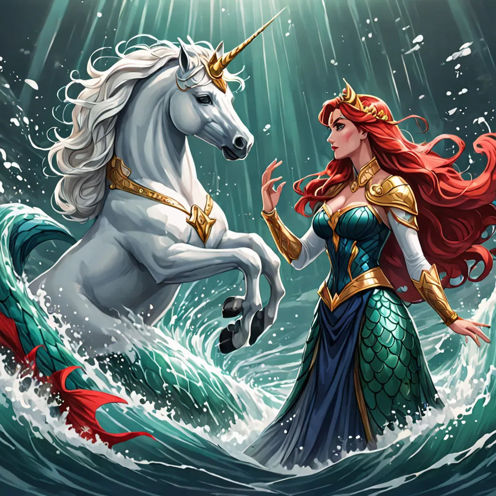 a mermaid and a unicorn in the ocean with a starfish on their backs, one of them is riding a wave, fantasy art, a storybook illustration, Artgerm, league of legends splash art