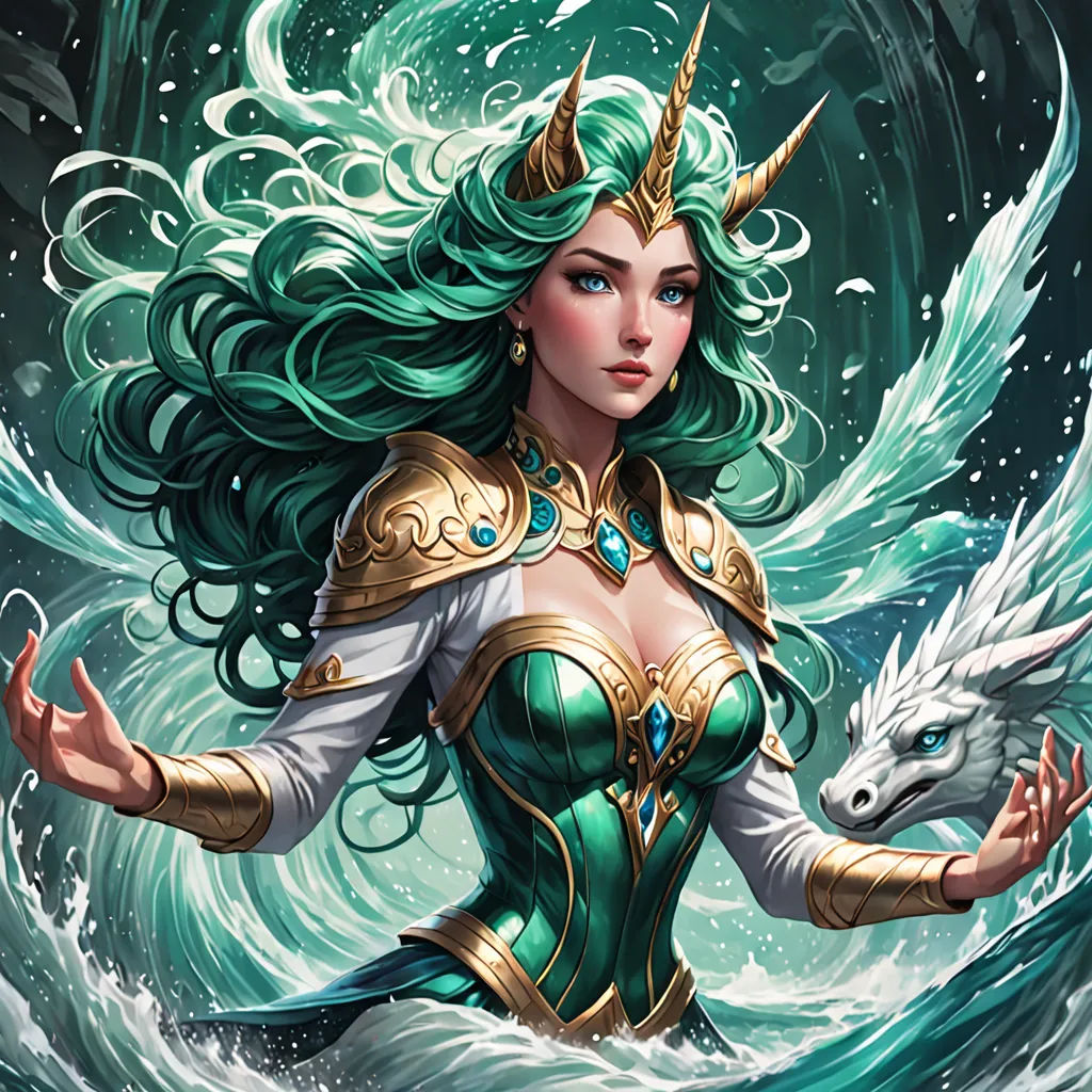 a woman in a green dress holding a white animal in her hands and a sea creature in her hand, fantasy art, a detailed painting, Anne Stokes, magic the gathering artwork